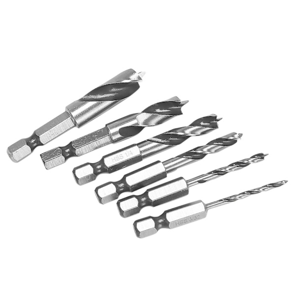 6 st HSS Brad Point Stubby Borr Set för Trä med 1/4-tums Snabbväxlande Hex 3/32 1/8 3/16 1/4
