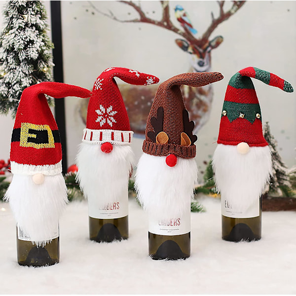 4-pakks Jule-Nisse Vin-Flaske Deksel, Håndlaget Tomte Svenske Nisser Vin-Flaske Topper Dekorativ Julenisse Skandinavisk, Vin-Flaskeposer Vin-Flaske