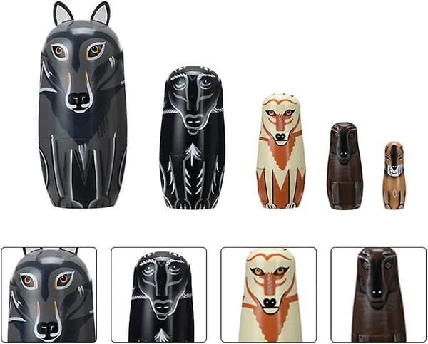 Aminal Nesting Doll, Trädocka i Ryssland i Trä Målad för Hand