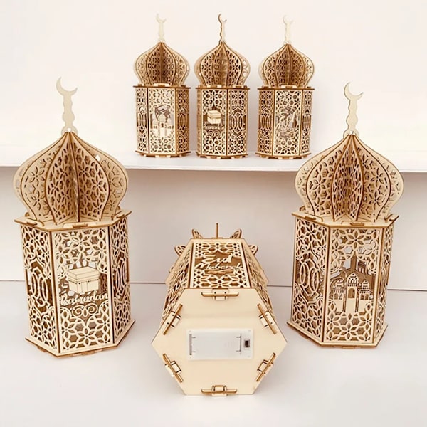 3 st Eid Mubarak muslimsk LED-ljusljusset Ramadan-lampa dekor trälykta 35*15cm muslimsk islamfest DIY LED-lykta lampa