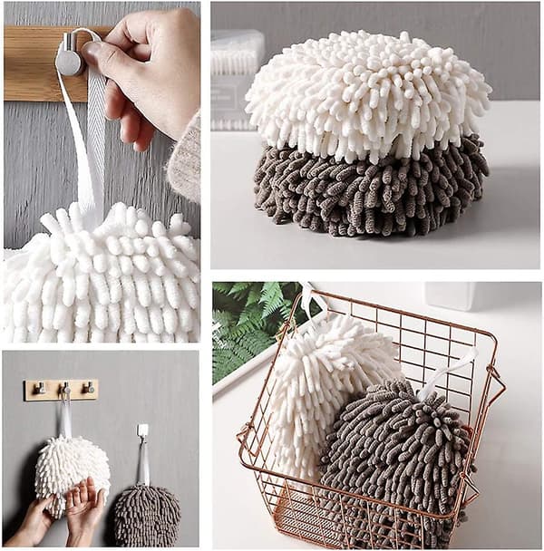 2-pack mjuka chenille hängande korallfleecehanddukar, mikrofiber snabb torkning (vit & grå)