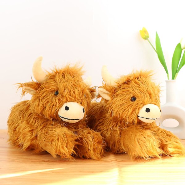 29cm Kawaii Simulering Highland Ko Slippers Kvinnor Vinter Varma Stängda Plysch Hem Nötkreatur Fluffy Päls Tofflor Present För Flickor Pojkar
