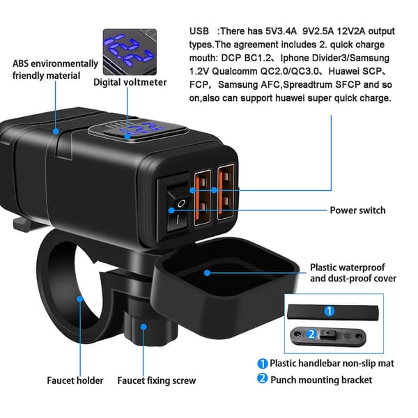 Motorcykelladdare 12v Dubbel USB-adapter Snabbladdning 3.0 Voltmeter Tillbehör (Blå)