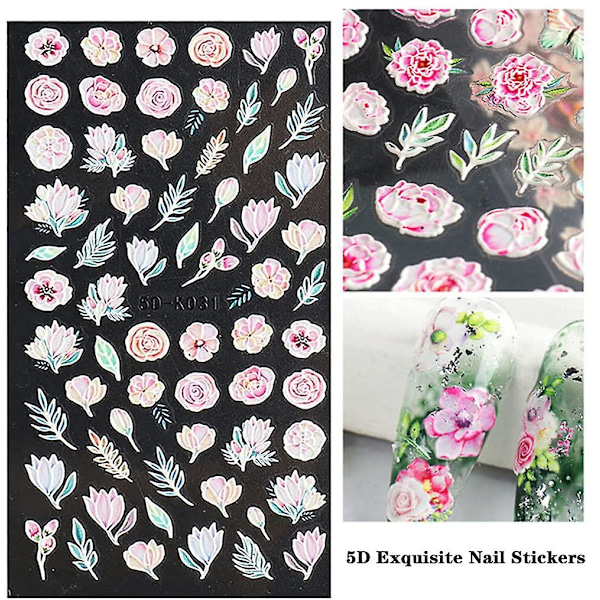 Blomster Nagelsticker Dekaler 5D Utsökt Präglad Nagelkonst Tillbehör Självhäftande Nagelkonst Dekoration Rosa Romantisk Körsbärsblomsblad Petal Carvi