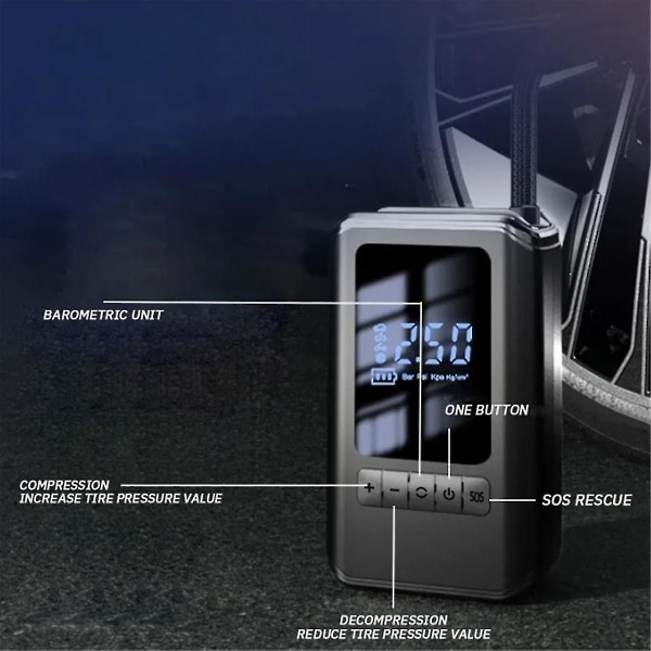 Bärbar luftpump, trådlös laddning med digital display, multifunktionsdäckpump för bil