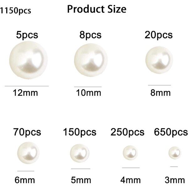 1150 stycken 3/4/5/5/6/8/10/12mm vita runda pärlor i satin för DIY-hantverk, halsband, örhängen, ring (beige)