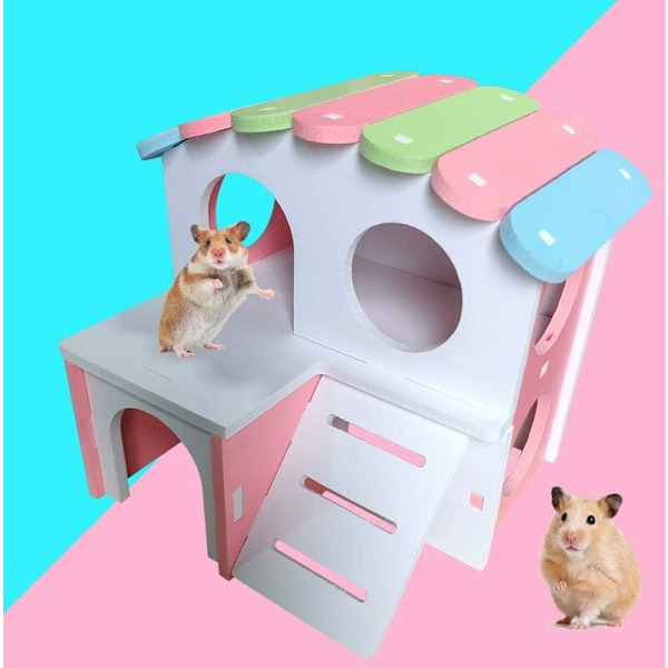 Trähus för hamster Triumph, gömställe för smådjur, utrustat med stege, två våningar, för hamster, chinchilla, katt, gerbil, mus (rosa)