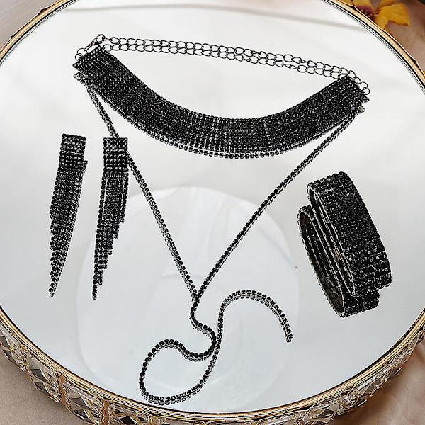 3-delat kvinnors strass tofsar smyckesset choker armband örhängen för bröllop brudfest svart