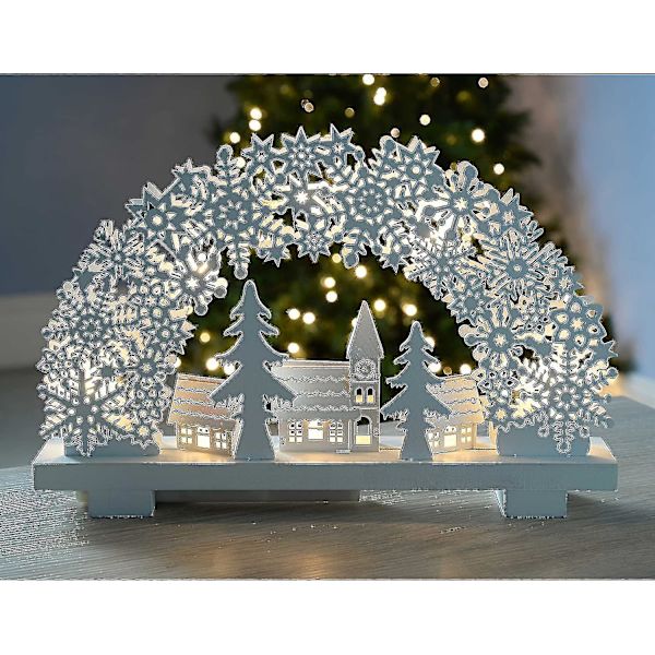 Snöflinga båge och by scen bord juldekoration, trä, vit