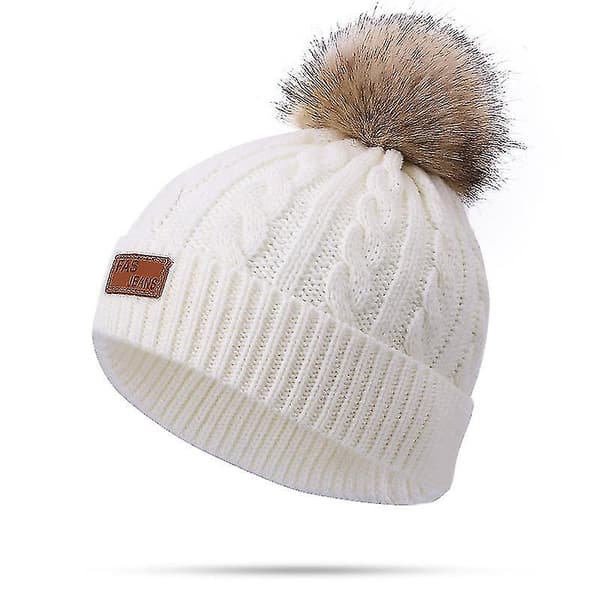 Toddler yllehatt Vinter Dubbel Pom Pom Stickad Beanies Cap（Vit）