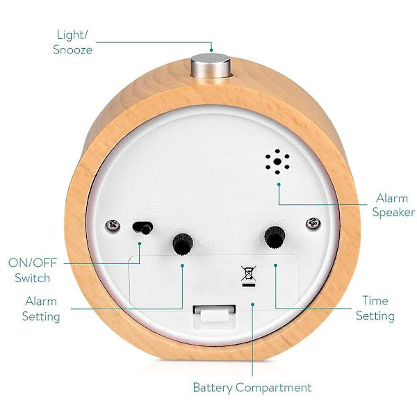 Analog väckarklocka utan tickande, tyst, valfria väckningsljud med volymkontroll, nattlampa och snooze, batteridriven (grön)