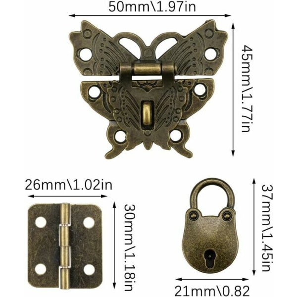 Antikt lås med nycklar, små antika gångjärn, minihänglås med lås för smyckeskrin och dagbok, presentdekoration