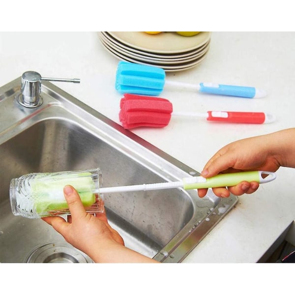 3 delar disksvampborste med justerbar rengöringsborste med långt handtag, mjuk för baby Köksrengöringsglasögonkoppar, slumpmässiga färger