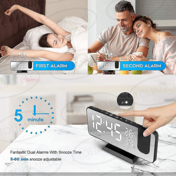 180 rotationsprojektionsväckarklocka 4 projektionsljusstyrkor med automatisk dimmer Snooze Dubbla larm Yo