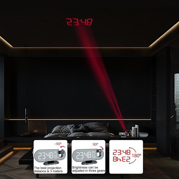 Led Stor Skärm Radio Spegel Projektion Väckarklocka Ljuskänslig Elektronisk Klockawhite