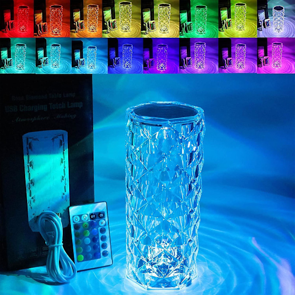 2023 Touch Bordlampe Krystall Led Nattlys, 16 Farger Oppladbar Rose Diamond Bordlampe Med Touch