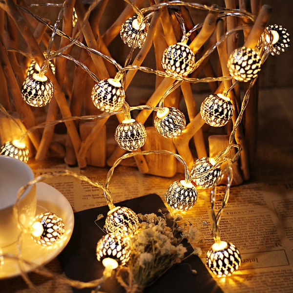 Moroccan Led Light Garland - Total Length 3m 20 Warm White Leds - Light Garland - Moroccan Oriental Style Silver Balls (battery)