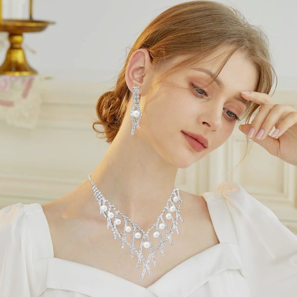 Kvinnors strass halsband och örhängen Set, Pearl bröllop brud smycken Set present