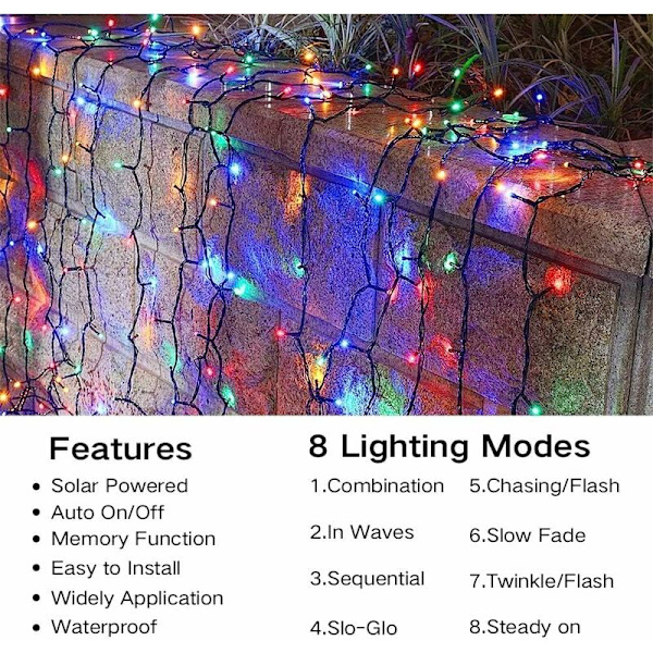Solcellslampor, 22M 200 LED Utomhus Solcellslampor 8 Lägen Vattentät Dekorationslampa för Inomhus Trädgård Uteplats Bröllop Födelsedagsfest, Färgglad
