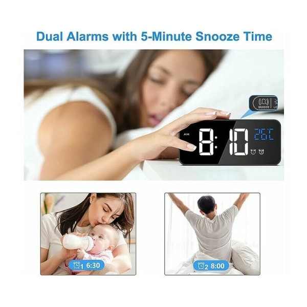 Digital väckarklocka, LED-digitalklocka Digital väckarklocka Temperatur/Snooze/2 Alarm/12/24 timmar/USB-laddningsport/10 musik