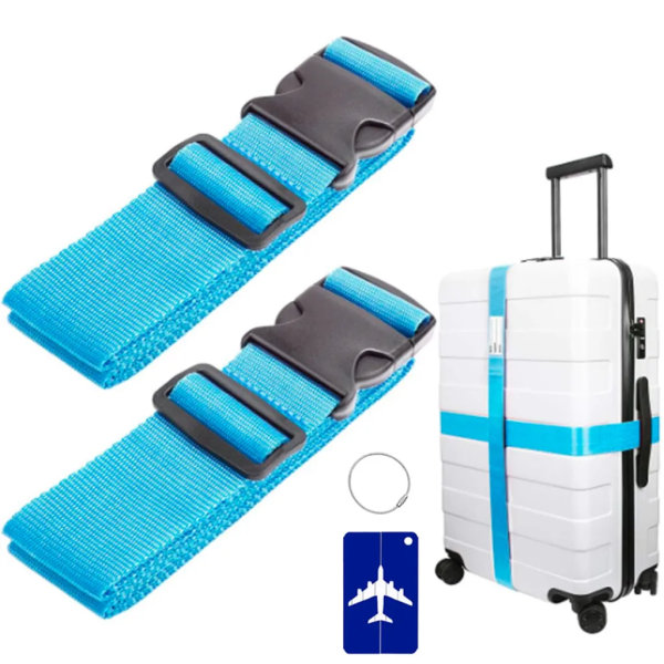 2 resväska rem bagagerem med metall bagage tag set blå justerbart resväska bälte bagage rem resväska rem bagage rem resväska