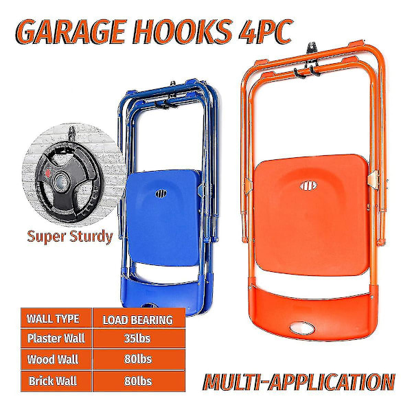 Garagekrokar Heavy Duty 4-pack, Garageförvaringskrokar, Väggmonterade garagehängande krokar för cykel, stege