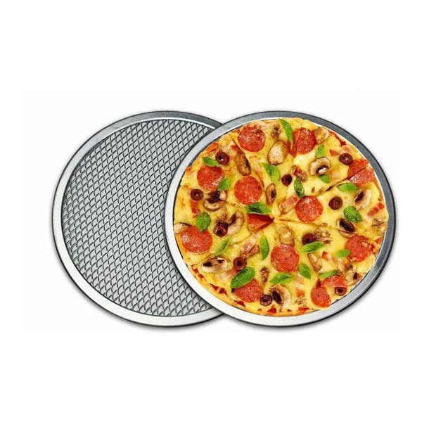 Set med 2 runda perforerade pizzapannor i kolstål ??20 cm