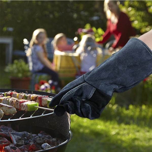 Dubbelskiktade grillhandskar i ko-läder, värmebeständiga ugnsvantar, värmebeständiga grillvantar i aluminiumfolie, mikrovågsugnsvantar, gråa svarta, 16 tum