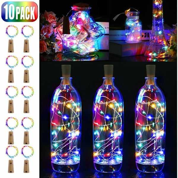 10-pack LED-flaskelampor, 20 LED 2 m koppartråds ljusslingor, batteridrivna vinflaskelampor (flerfärgade).
