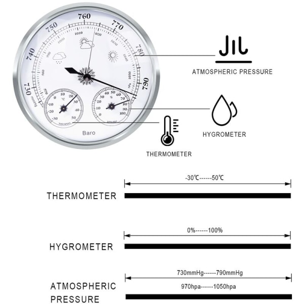 analog väderstation - Analog väderstation för inomhus och utomhus - Består av barometer, termometer och hygrometer（Silver,128mm）