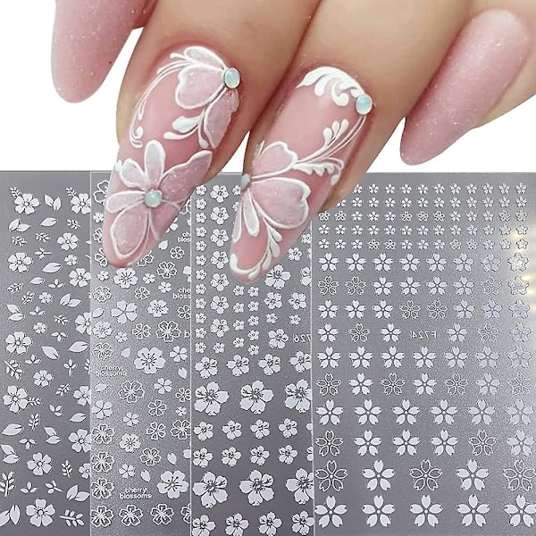 Blomster Nagelsticker Dekaler 4 Ark Vita Körsbärsblommor Nagelkonst Tillbehör 3d Självhäftande Nageldekoreringar Tillbehör Diy Akryl Nagelkonst Ap