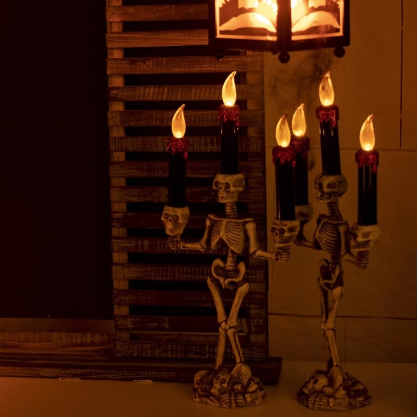 Halloween Candelabra Ljus LED-lampor Skelett Dödskalle Flamlös Hållare Batteridriven Flimrande Spöklik