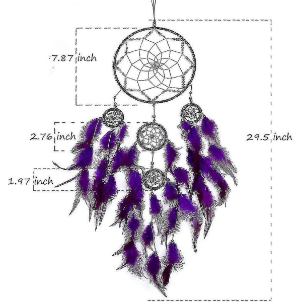 Drömfångare, färger Fjäderdrömfångare för sovrumsväggdekoration för barn 8" B 29,5" L（Lila）