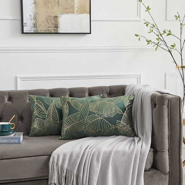 Kuddfodral 30 x 50 cm Sammet Guld Blad Kuddfodral Grönt Kuddfodral Dekorativ Kudde för Soffa Sovrum Vardagsrum Set om 2