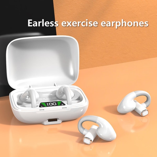 Explosiva clip-ear Bluetooth -hörlurar Trådlös benledning Ingen in-ear smärtfri bärbar digital display Vattentät hörlurar Vita