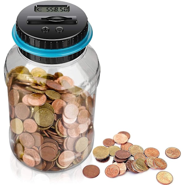 Spargris med räknare, 1,5 l spargris, automatisk mynträknare