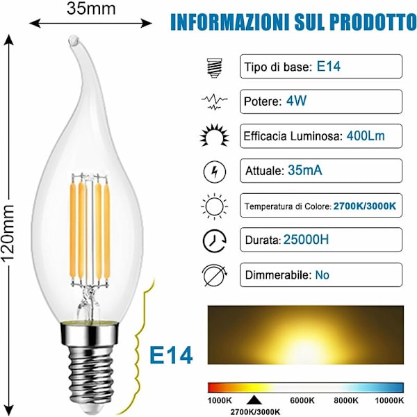 Paket med 10 st 4W LED-glödlampor E14 470LM Flamma Ljus Cool Vit 6000K, Ej Dimbar, 360° Strålvinkel