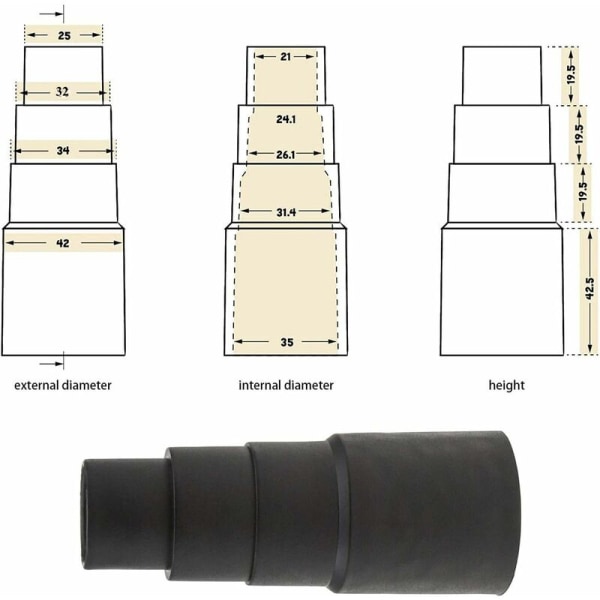 Universal musta pölynimurin sovitinkauppa pölynimuri letkun tarvikkeet sovittimen liitin Nelikerroksinen sovitin 25mm 32mm 34mm 42mm