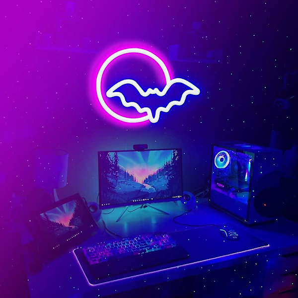 Måne och fladdermus LED-neonljus, neonljusskylt för vägg USB/batteridriven LED-neonljusskylt för väggdekor, sovrum, barnpresenter, vardagsrum,