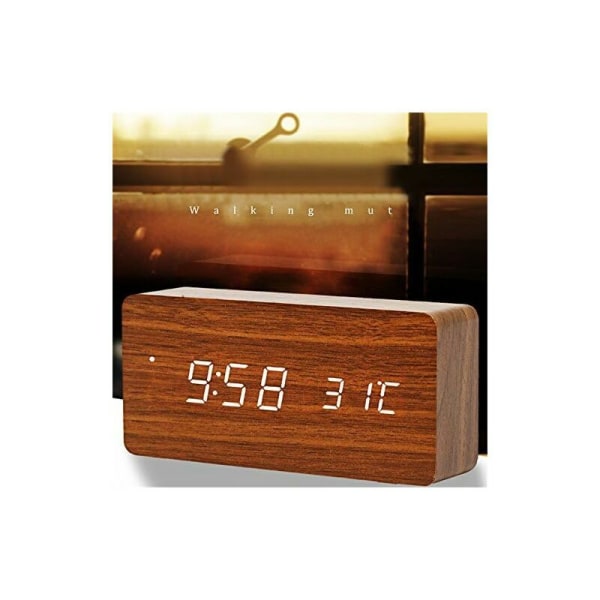 Modern träklocka - LED digital träklocka skrivbord datum temperatur fuktighet display 12/24 timmar - för hem, sovrum, kontor (brun)