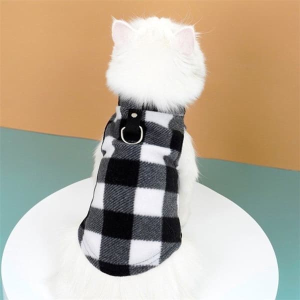 1 Kattevest, åndbar fleece, sort og hvidt ternet mønster, størrelse S, vintertilbehør.