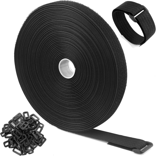 10 m justerbara kabelband med 25 spännen, svarta återanvändbara fästband, kabelorganisatör, 2 cm bred