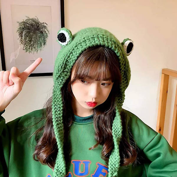 Groda Hatt Stickad Groda Hatt Virkad Hårband Söt Utomhus Stor Ögon Groda Mössa Öronskydd Festival Cosplay Hatt Kvinnor Flickor