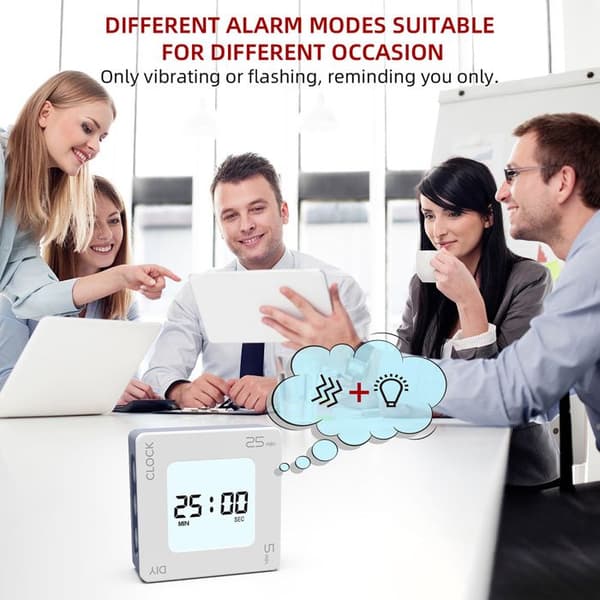 1 Vibrerende timer, 4-panels display, ryst-for-snooze-funktion, alarm- og vibrationstilstande, til køkken og kontor.