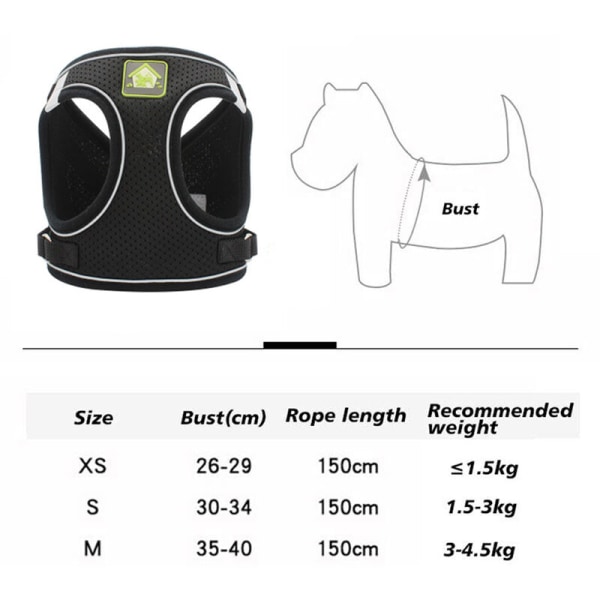 2-delt sæt hundeseletøj og snor vest justerbar hundeseletøj blød luftnet brystsele til hunde katte, sort, M