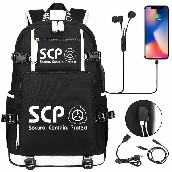 SCP Foundation svart tecknad ryggsäck bokväska USB axelväska för bärbar dator för tonårsbarn - resväska och skolväskor2