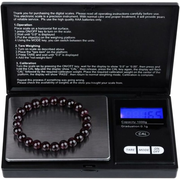 Digital lommeskalaer 1000g x 0,1g, køkkenskalaer, smykkeskalaer Mini elektroniske lommeskalaer-sort
