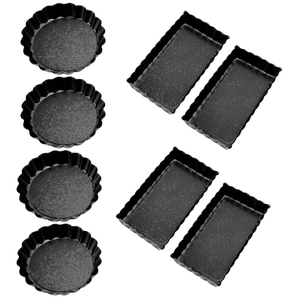 8 st non-stick quiche tårtformar (runda och rektangulära) med avtagbar botten, räfflad tårtaburk för fruktpi