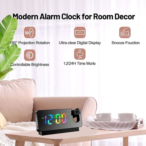 Spegelprojektionsklocka Led storbildsskärm Silent Snooze Kreativ elektronisk projektionsväckarklocka svart