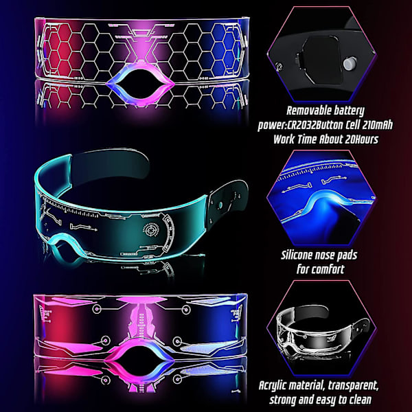 3 st led visirglasögon, 7 färger & 5 lägen Futuristiska glasögon Cyberpunk Light Up Goggles självlysande glasögon